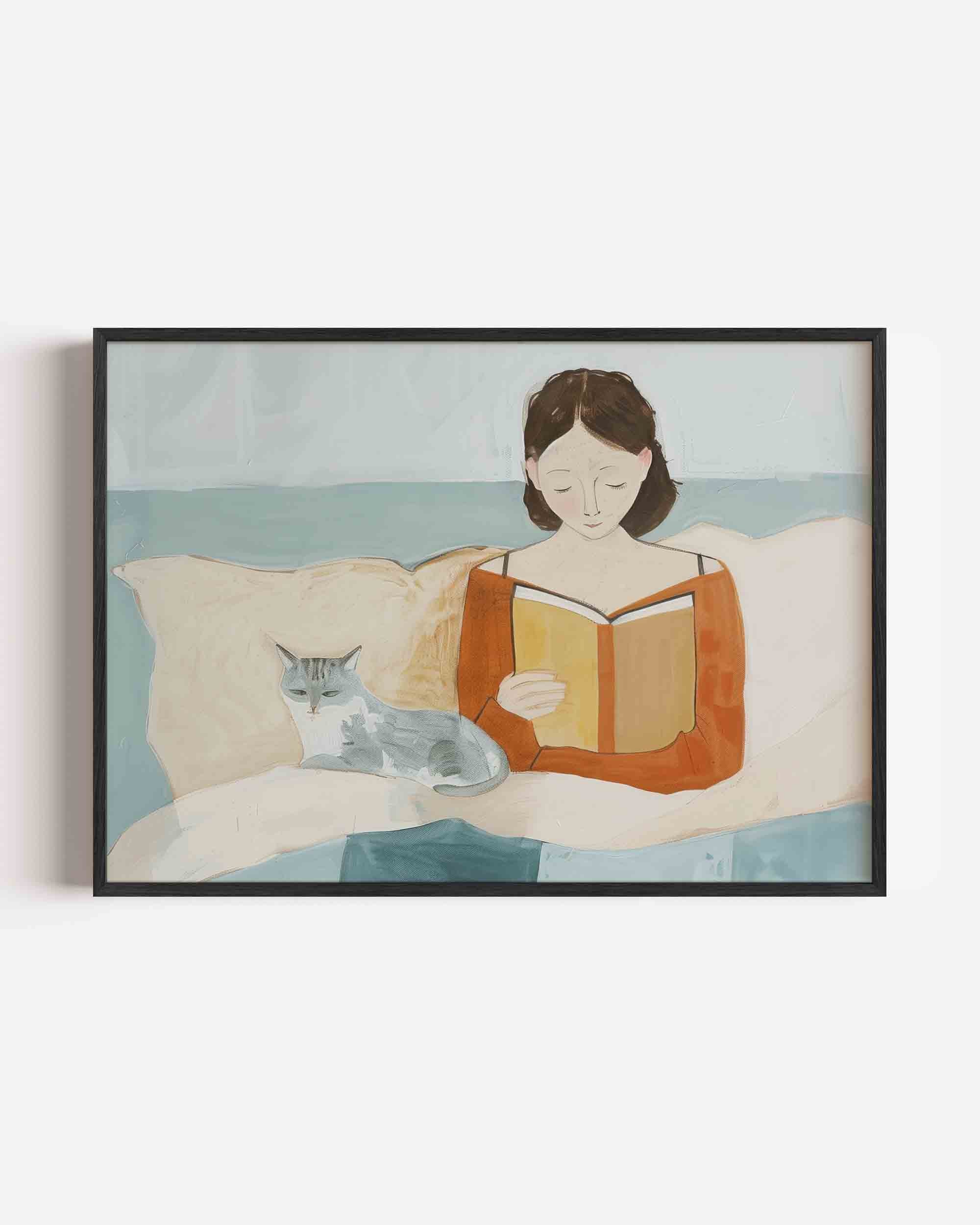 Lezende vrouw met kat Poster