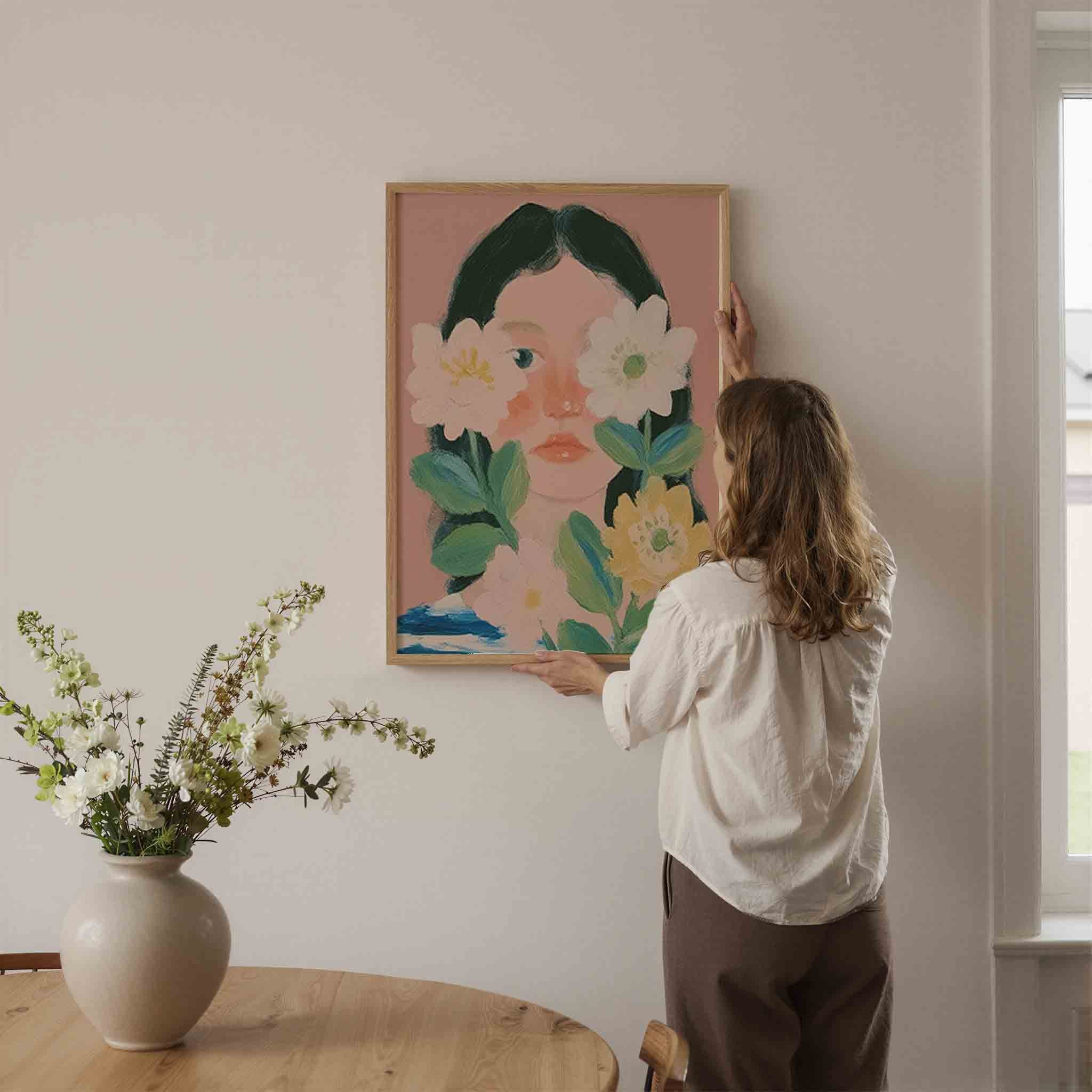 Bloemen en gezicht Poster