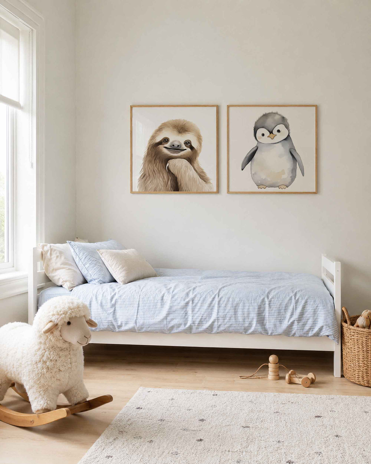 Interieurpresentatie van een tweedelige vierkante posterset met luiaard en pinguïn