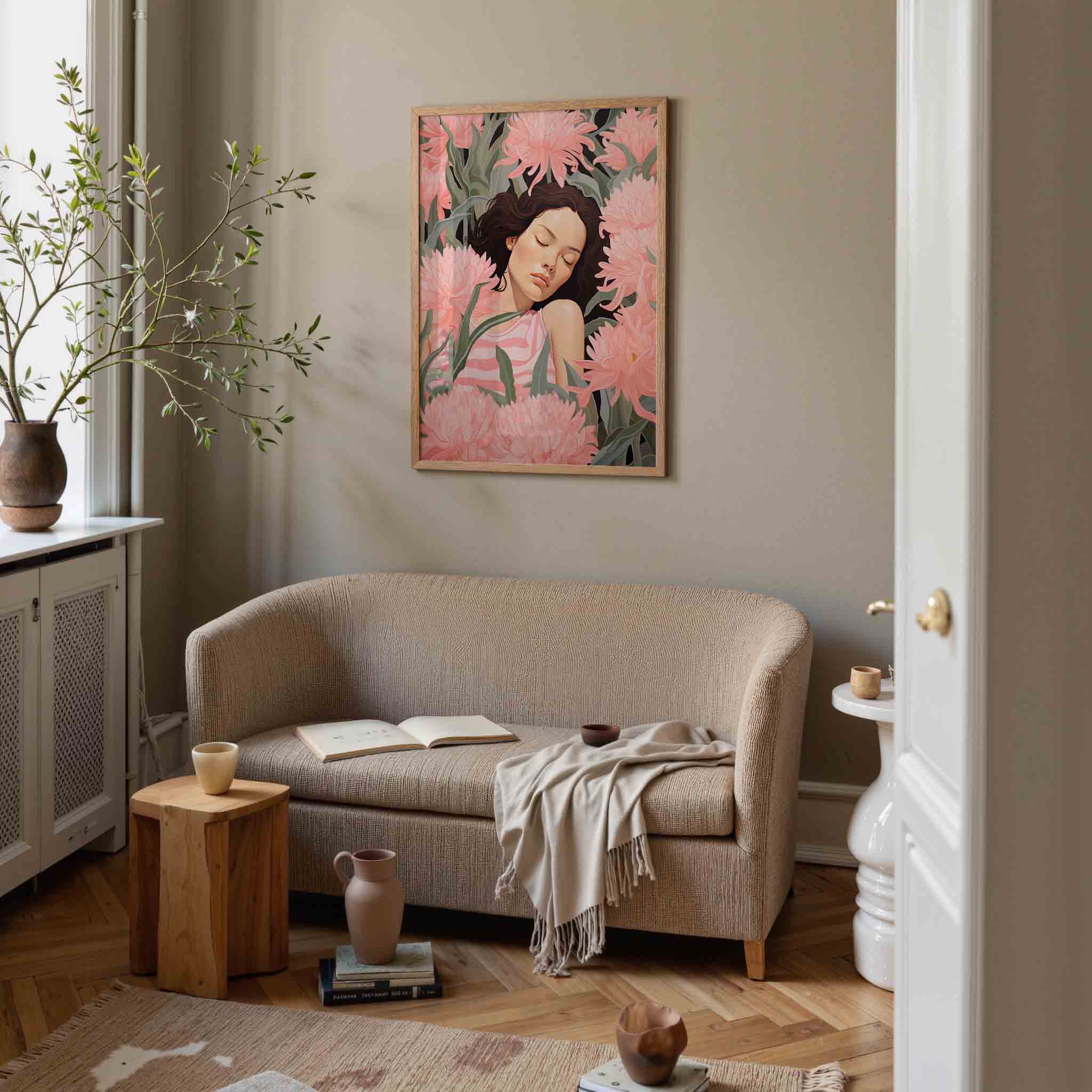 Slapende vrouw tussen bloemen Poster