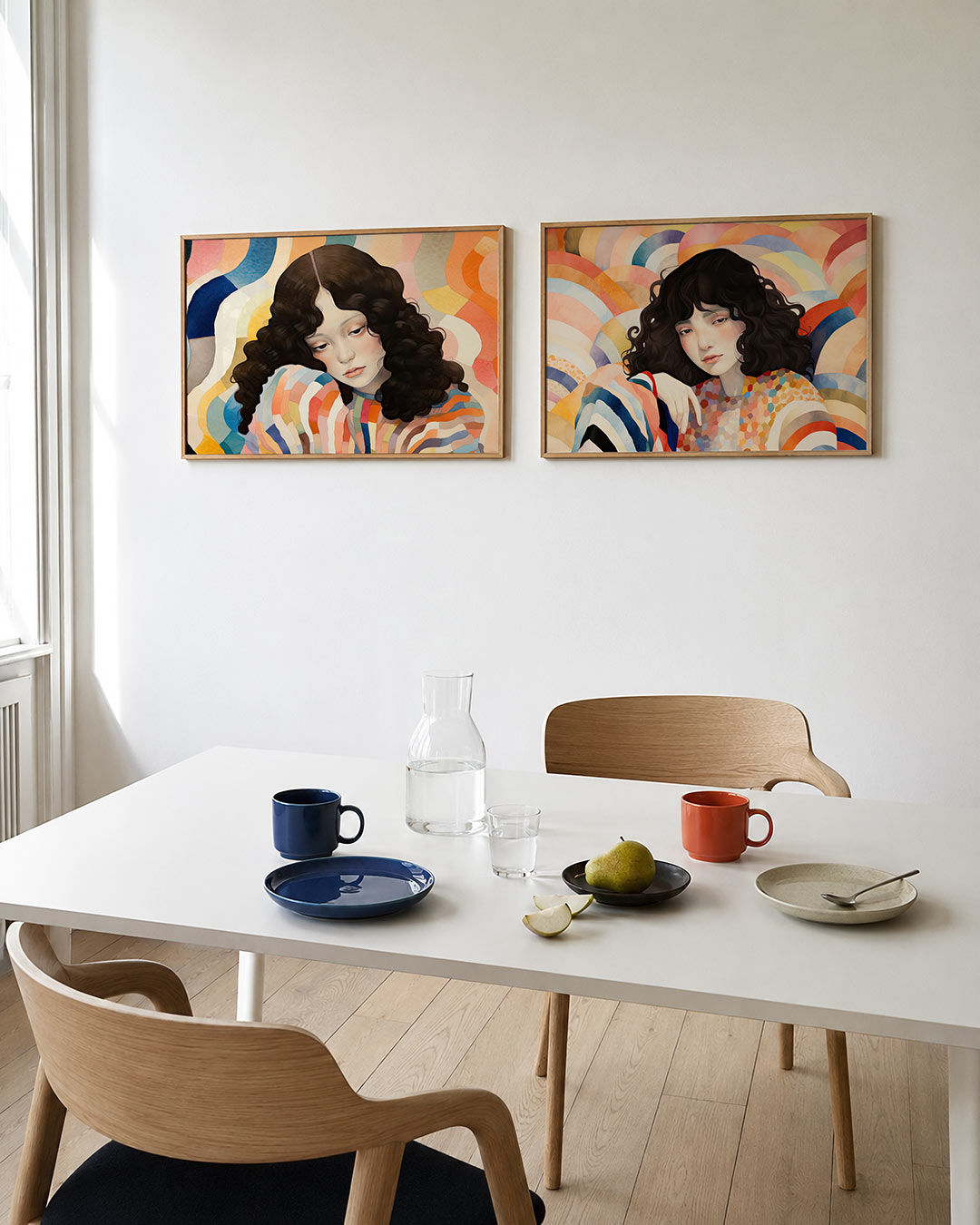 Tweedelige posterset met een vloeiende mix van golvende lijnen en zachte kleuren, getoond in een interieur