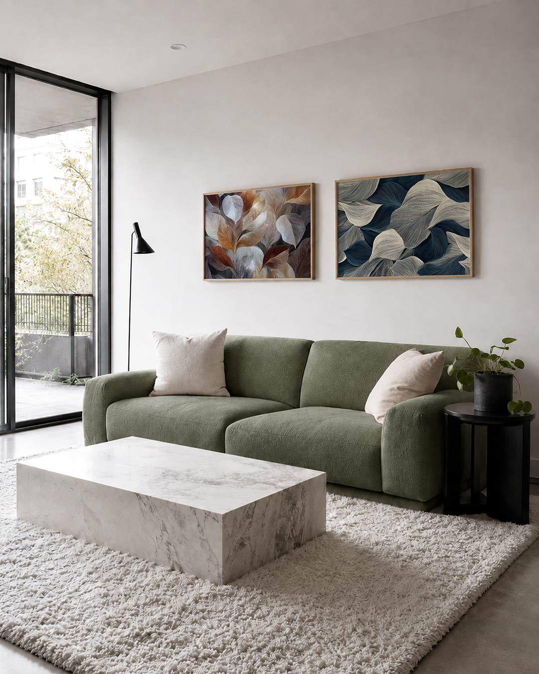 Interieurbeeld met twee liggende posters: bladeren in warme tinten