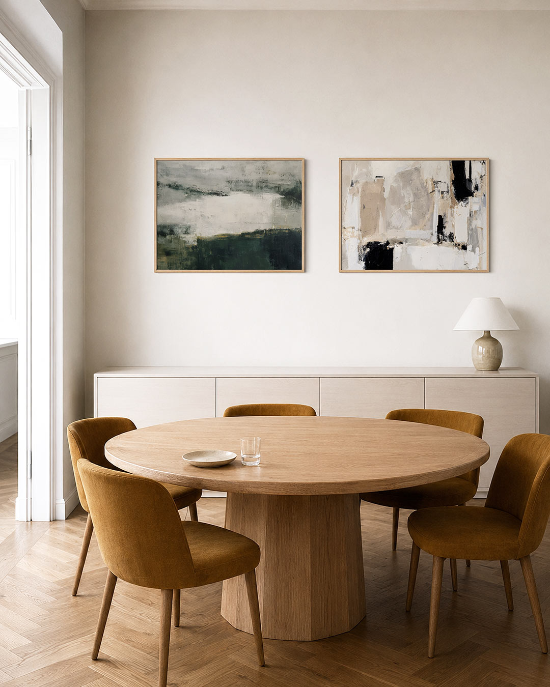 Twee liggende posters met een spel van zachte grijstinten en donkere groenen, aan de muur in een interieur