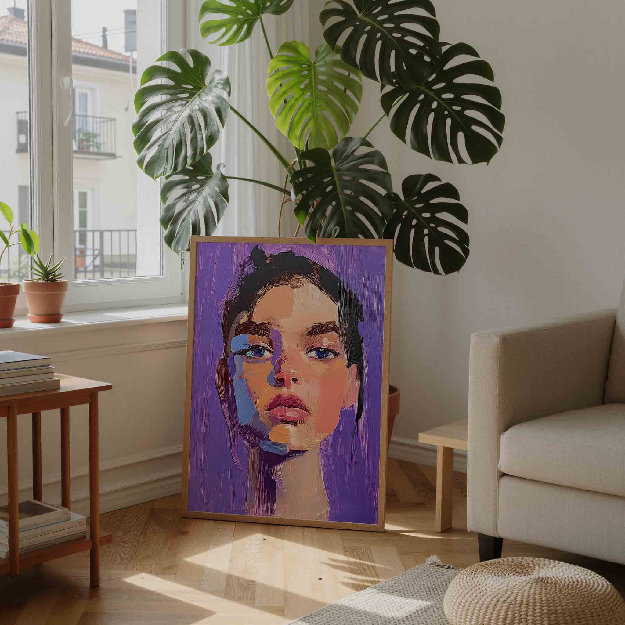 Portret met paarse achtergrond Poster