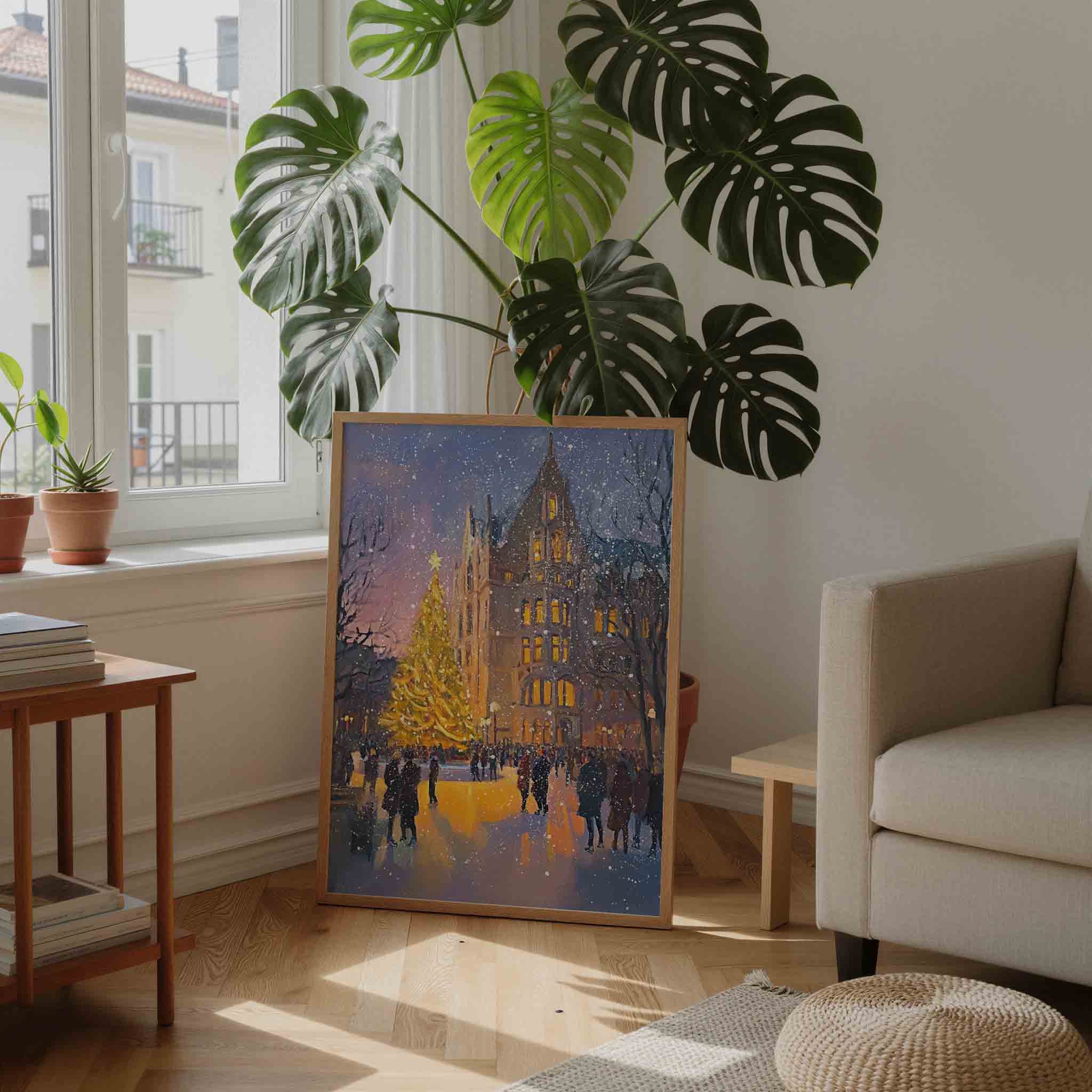 Kerstboom en gebouw Poster
