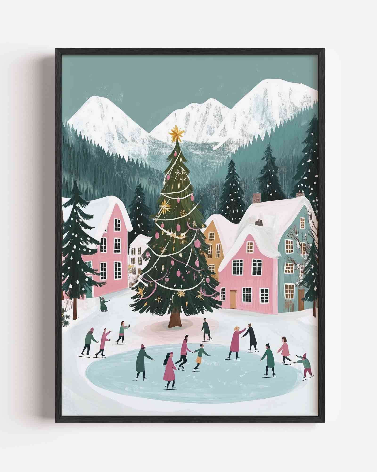 Schaatsende mensen bij kerstboom Poster