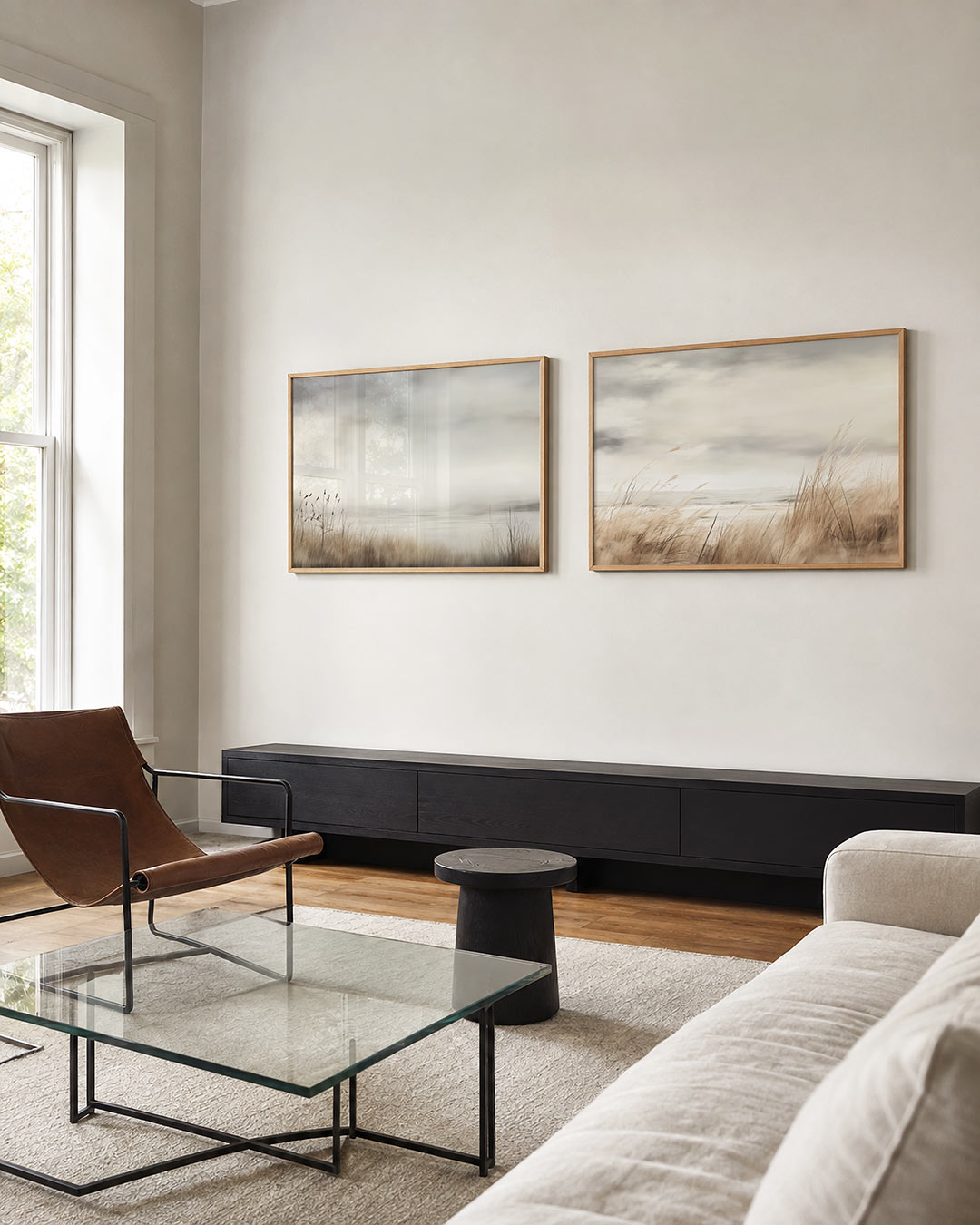 Tweedelige posterset met een rustige, mistige horizon met zachte, vervagende kleuren, getoond in een interieur