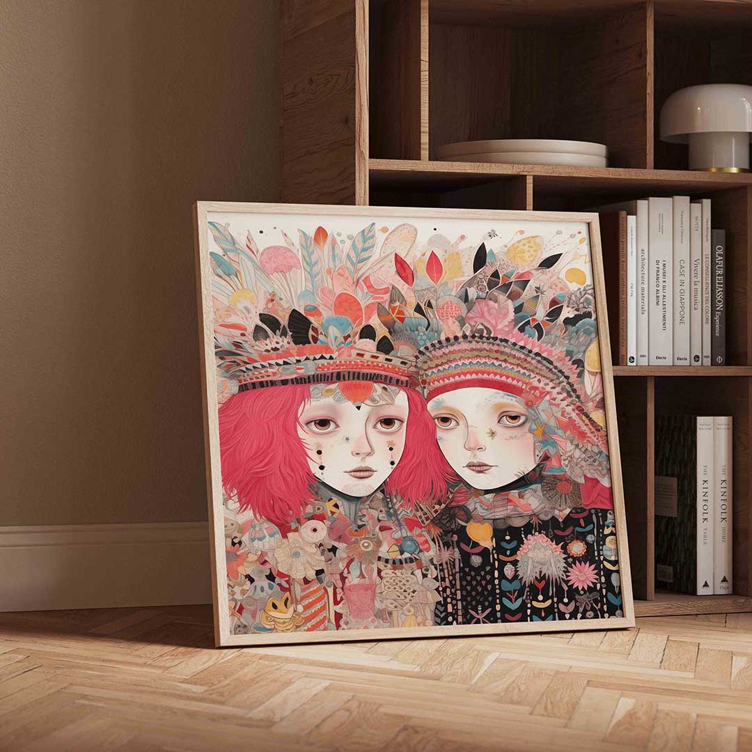 Twee figuren met kleurrijke hoofdtooien Poster
