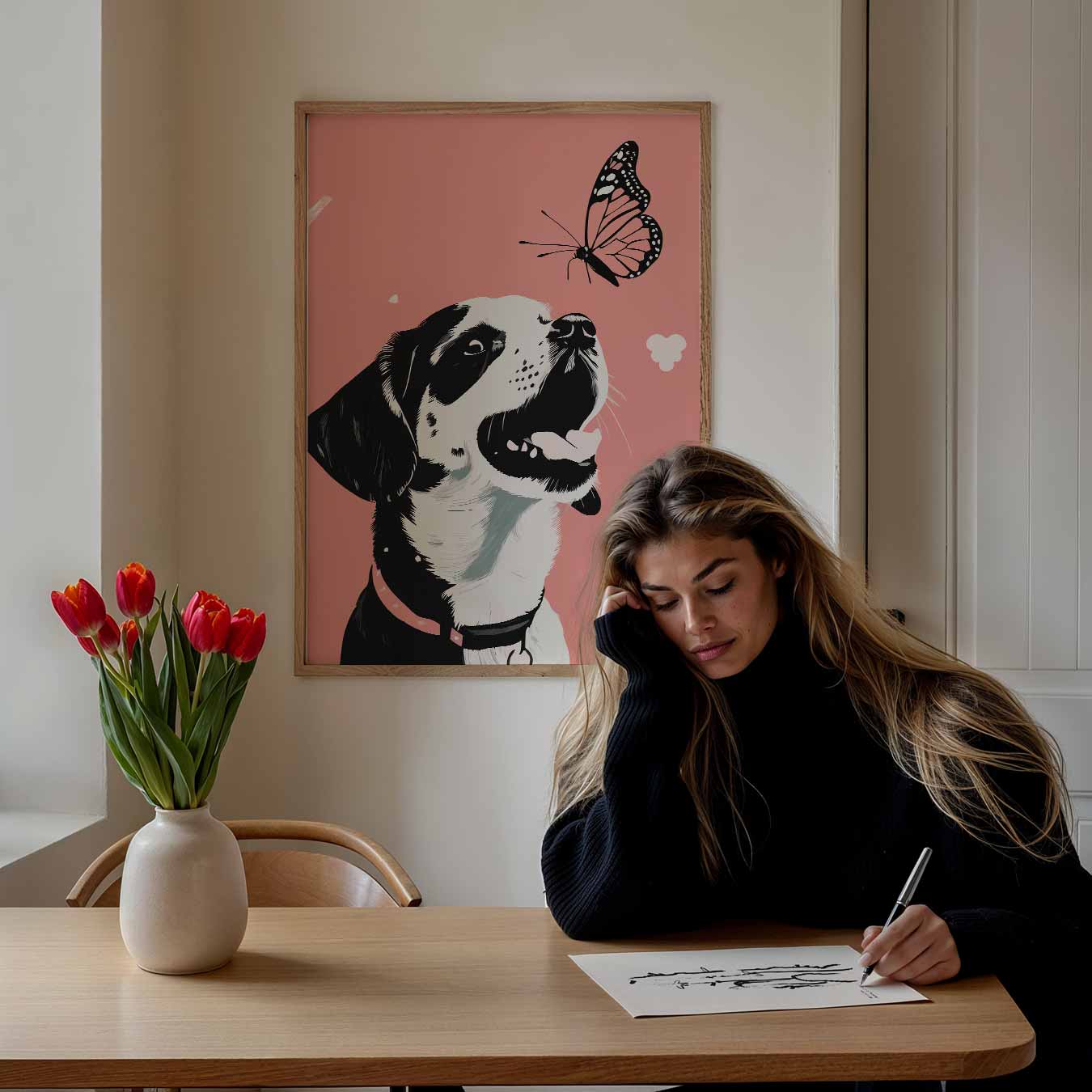 Vrolijke Hond en Vlinder Poster-WallArtistic