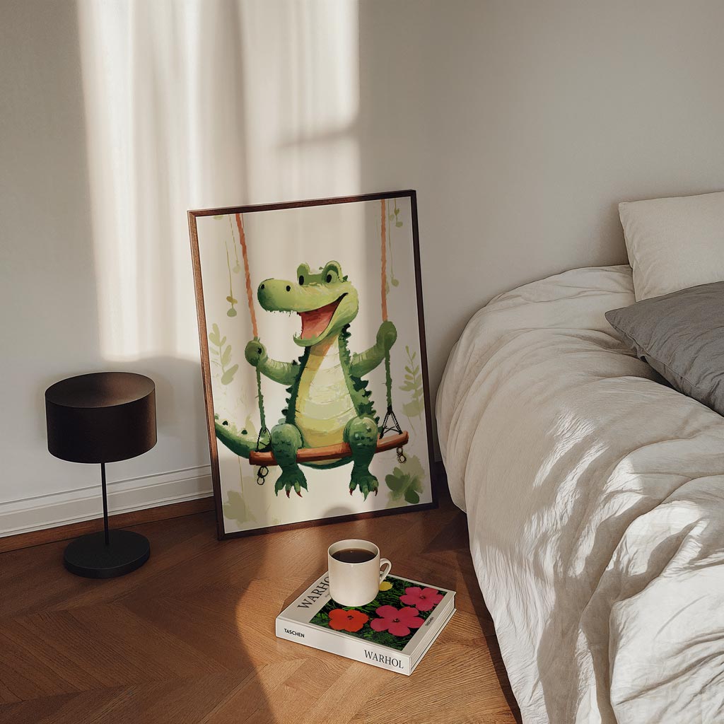 Vrolijke Krokodil op Schommel Poster-WallArtistic