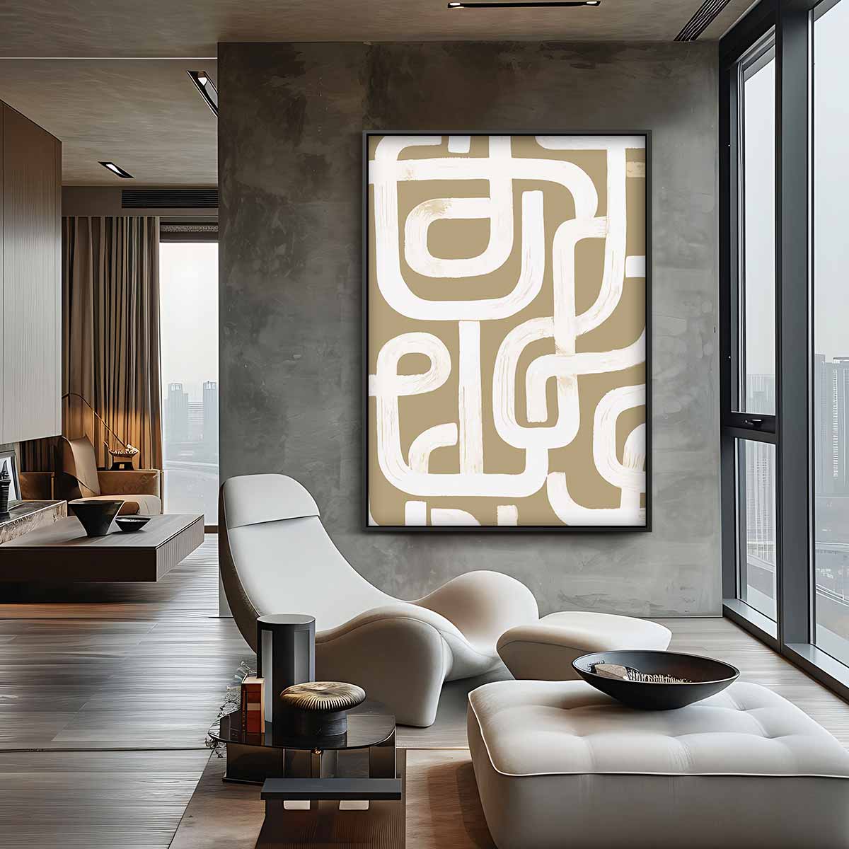 Organische Lijnen in Beige Kunstwerk-canvas-dibond-plexiglas-wanddecoratie-WallArtistic