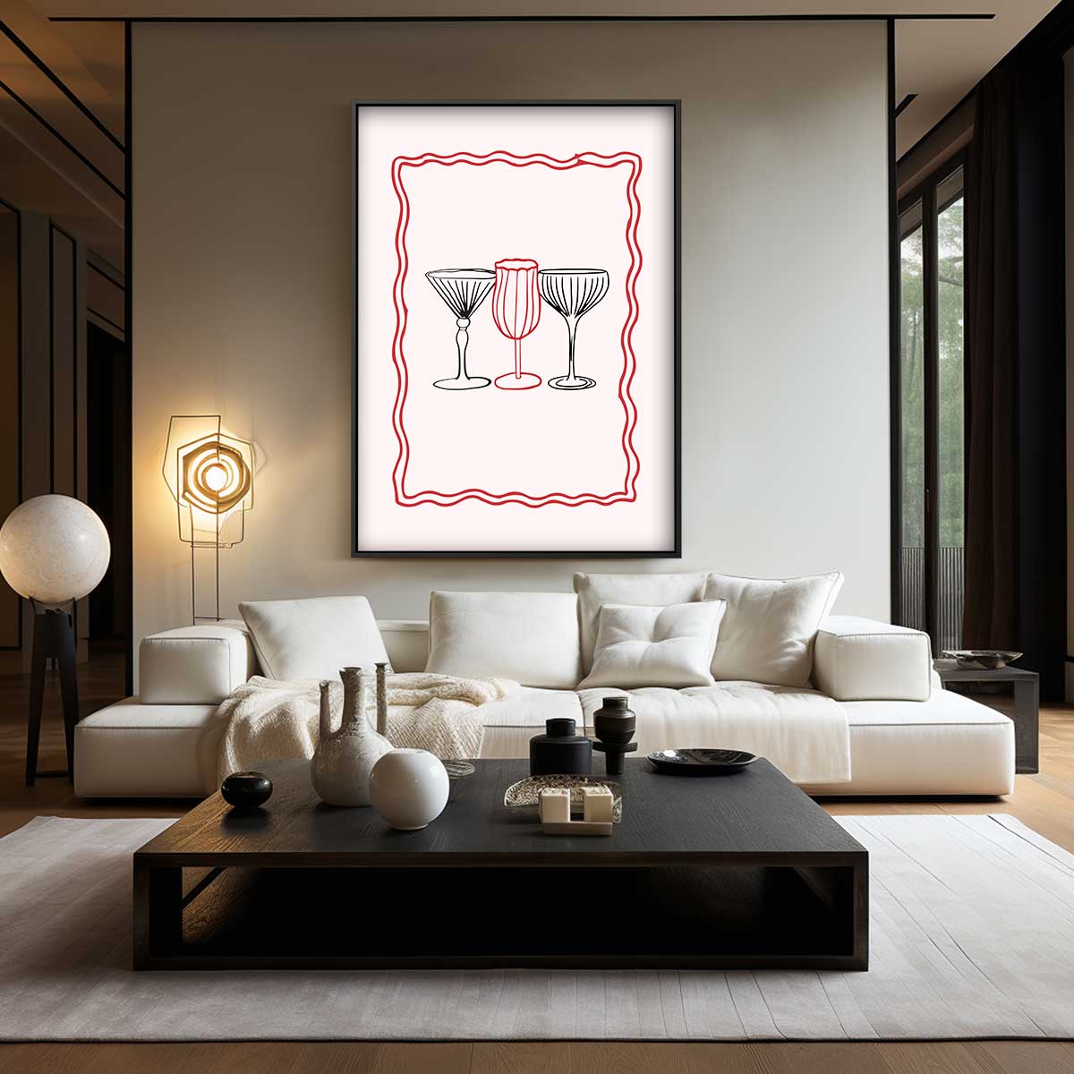 Drie Glazen in Rood en Zwart Kunstwerk-canvas-dibond-plexiglas-wanddecoratie-WallArtistic