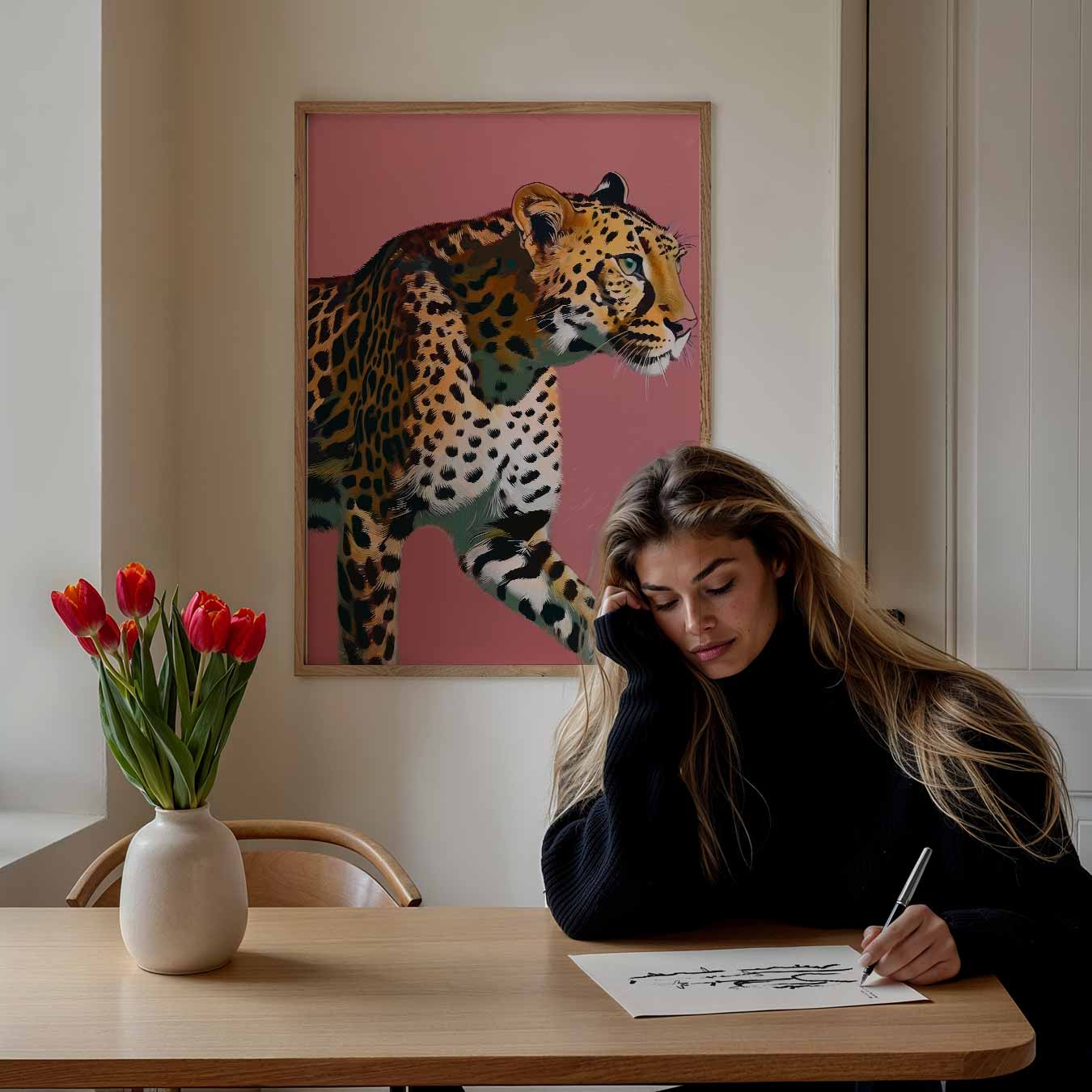 Sierlijke Panter op Roze Achtergrond Poster-WallArtistic