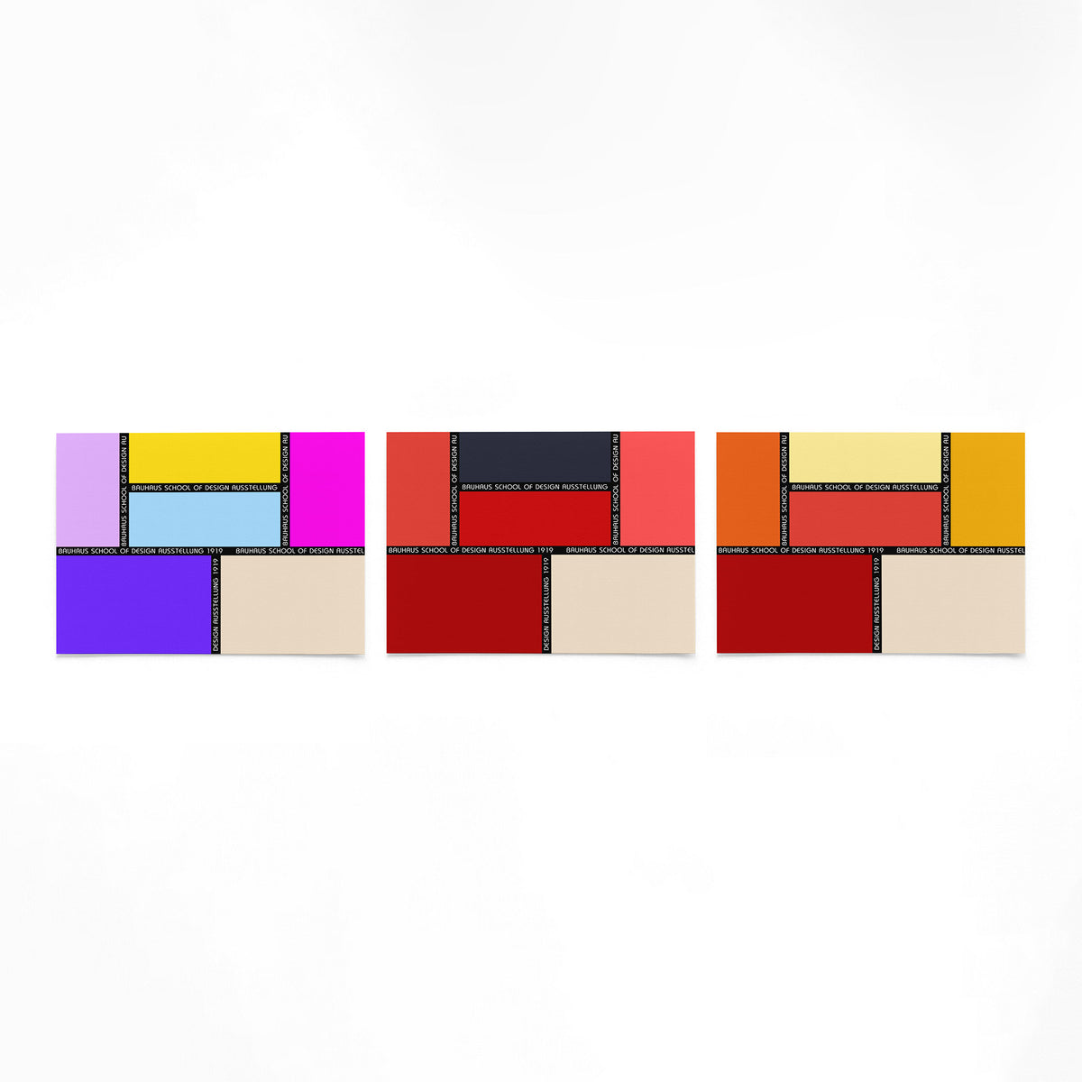Drie landscape posters met kleurvlakken en typografische banden als vrijstaande productfoto