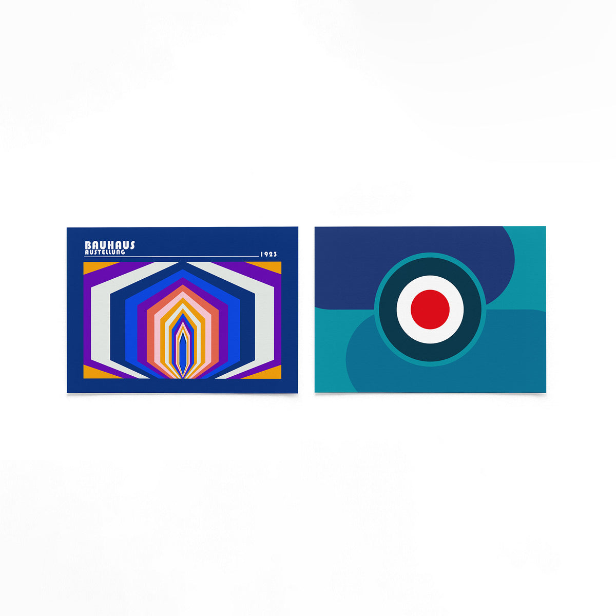 Twee landscape posters met kleurbogen en concentrische cirkels als vrijstaande productfoto