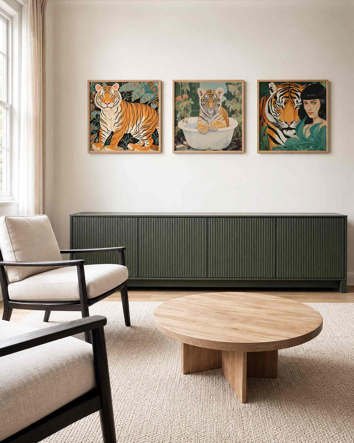 Interieurpresentatie van een driedelige vierkante posterset met tijgers in het groen