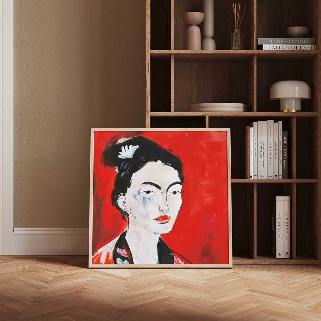 Portret met rode achtergrond Poster