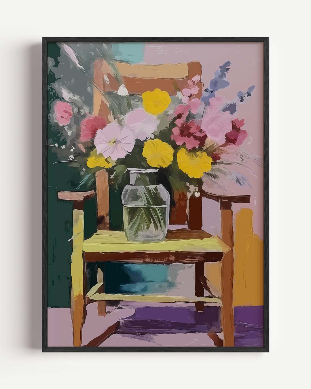Romantische Bloemenpracht op Houten Stoel Poster-WallArtistic