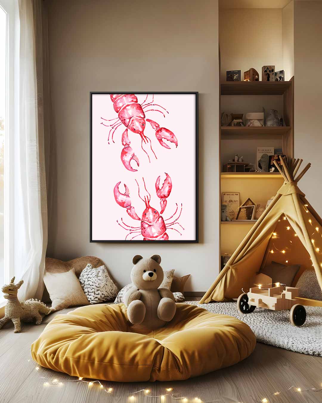 Vrolijke Kreeften in Aquarel Kunstwerk-canvas-dibond-plexiglas-wanddecoratie-WallArtistic