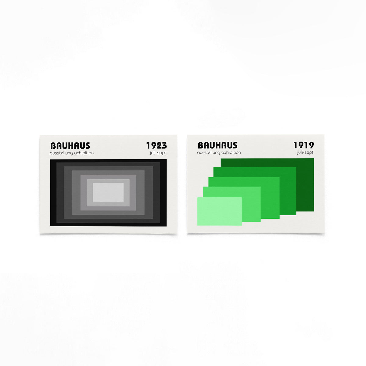 Twee landscape posters met grijstinten en groene vlakken als vrijstaande productfoto