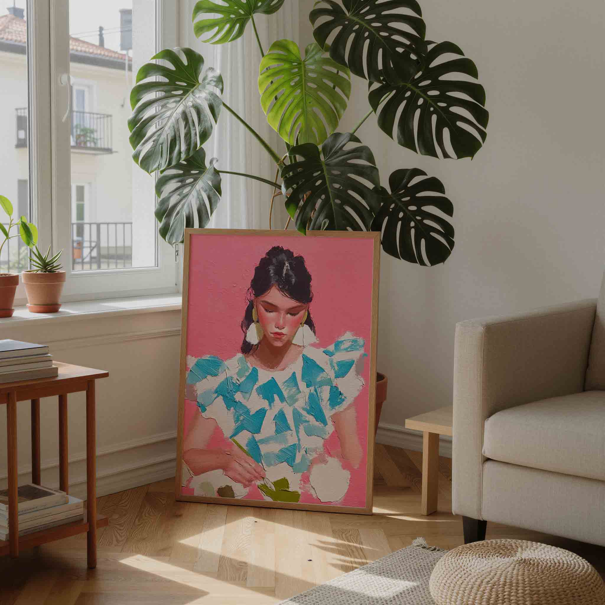 Vrouw met roze achtergrond Poster