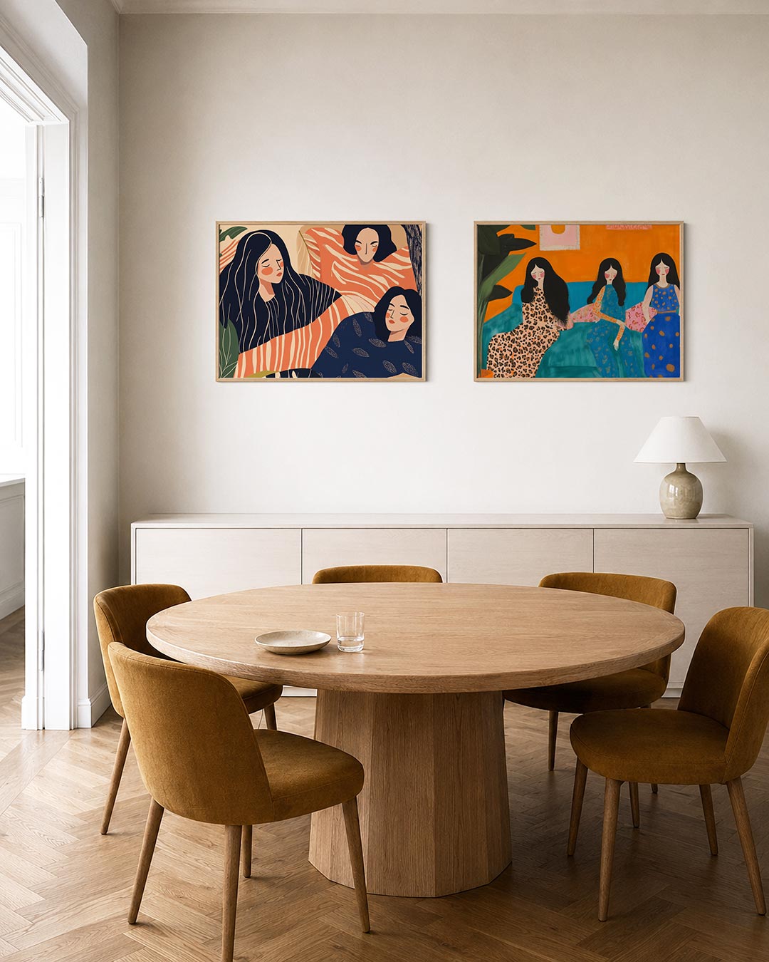 Twee liggende posters met vloeiende lijnen en zachte kleuren, aan de muur in een interieur