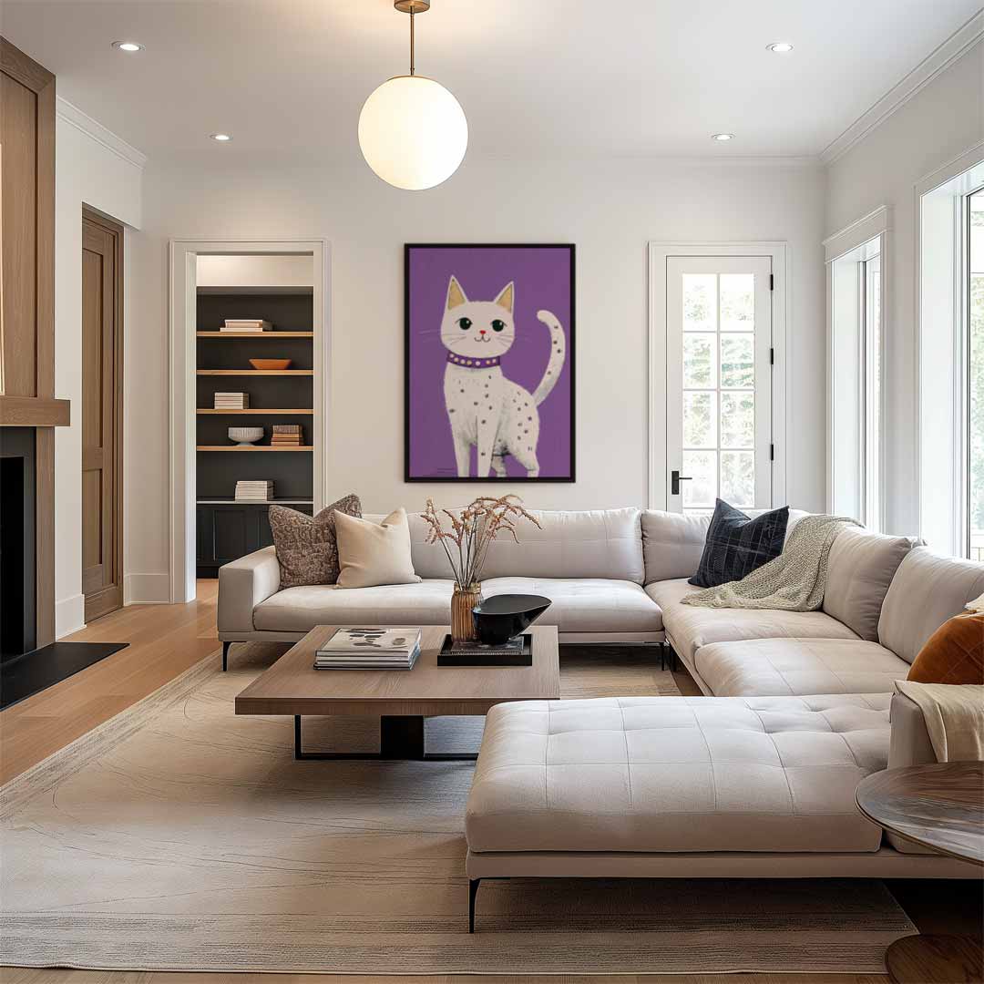 Kat op Paarse Achtergrond Kunstwerk-canvas-dibond-plexiglas-wanddecoratie-WallArtistic