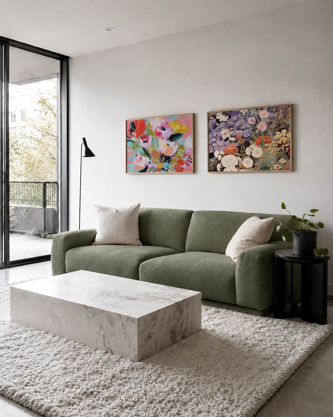 Tweedelige posterset met bloemen in felle tinten, getoond in een interieur