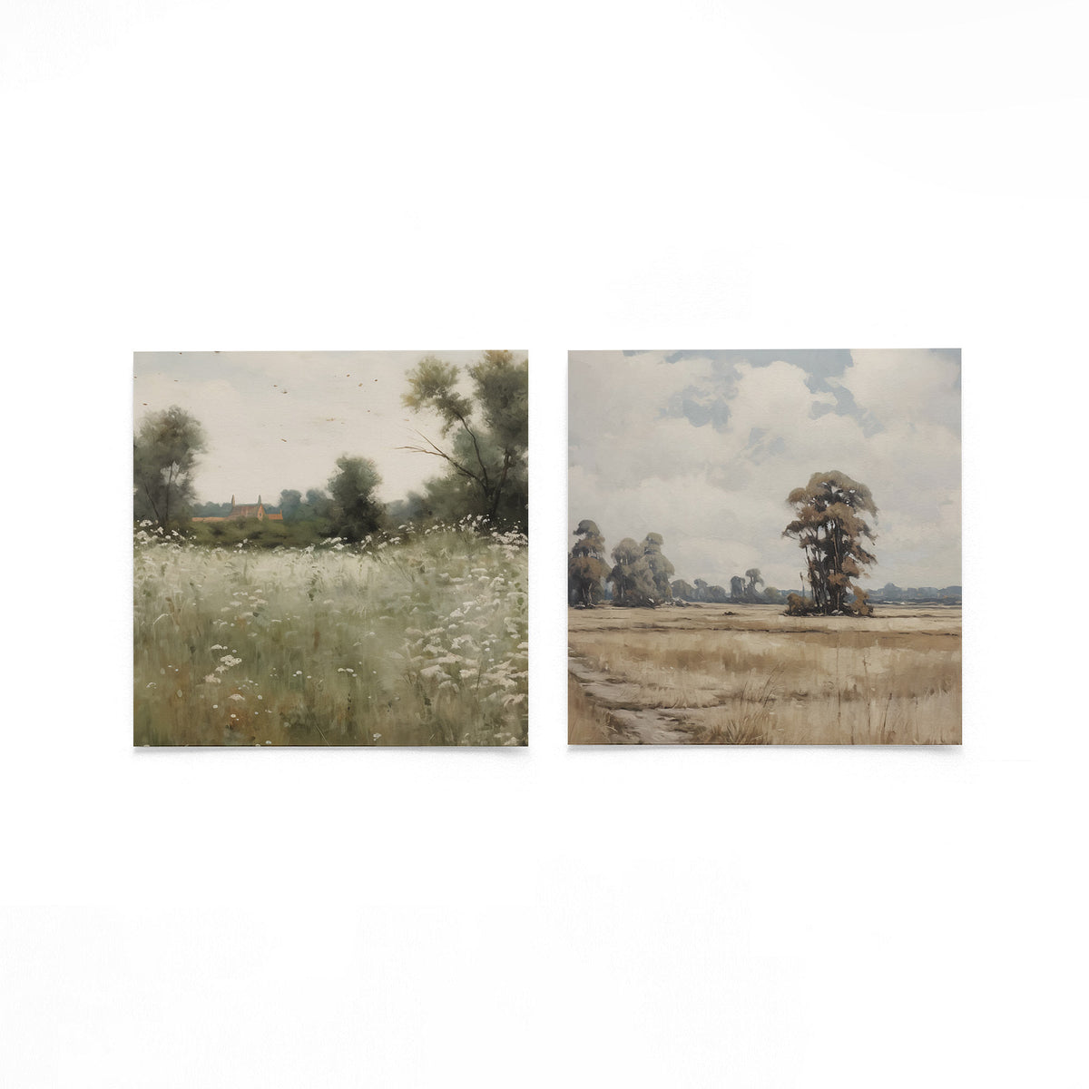 Twee vierkante posters met weidelandschap en bomen op een gebroken witte achtergrond