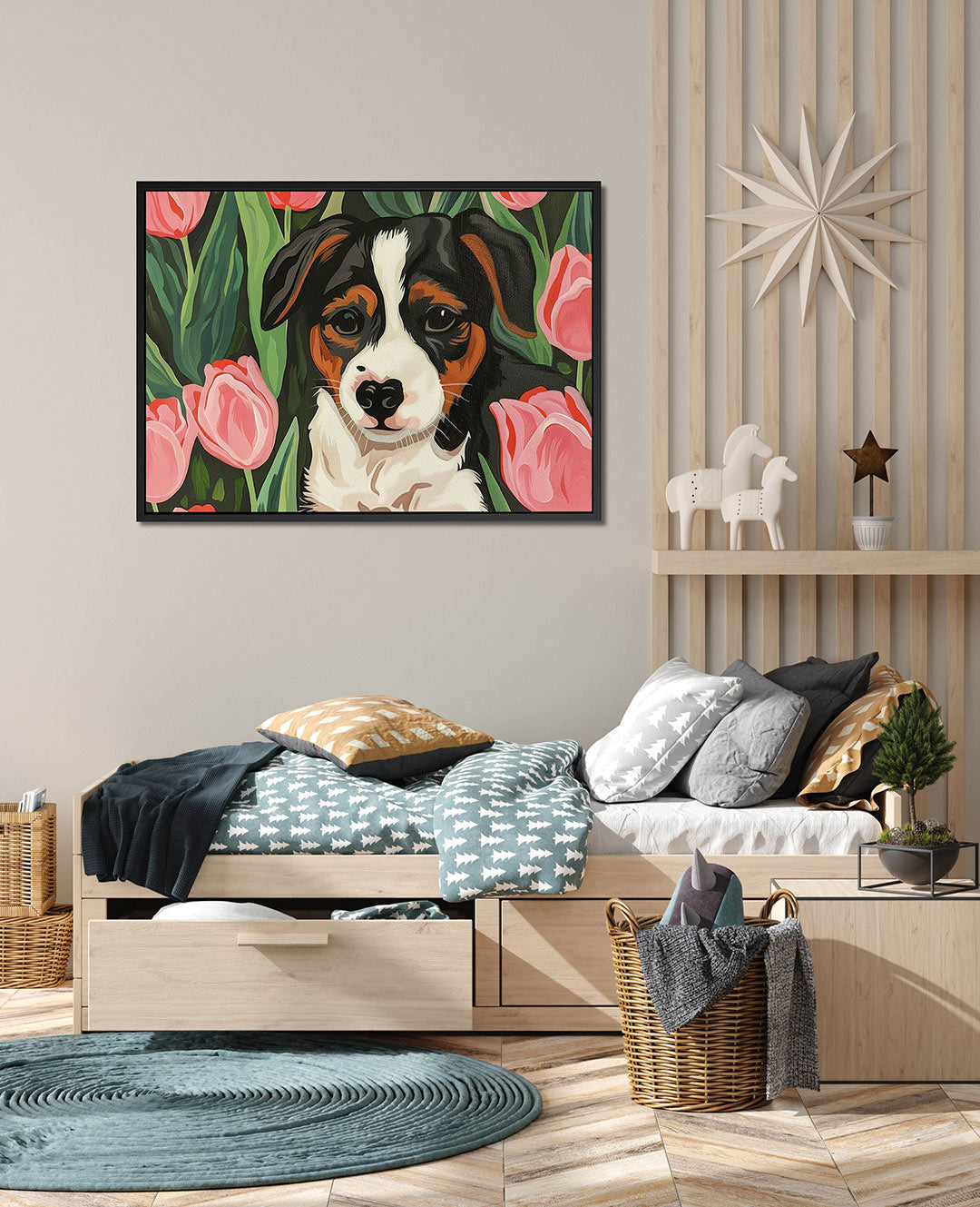 Hond met tulpen Kunstwerk