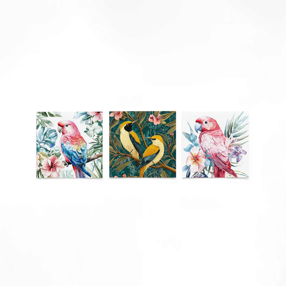 Drie vierkante posters met tropische vogels op een gebroken witte achtergrond