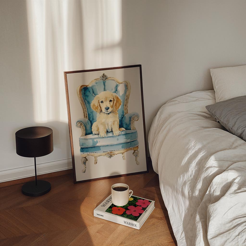 Puppy op Blauwe Troon Poster-WallArtistic