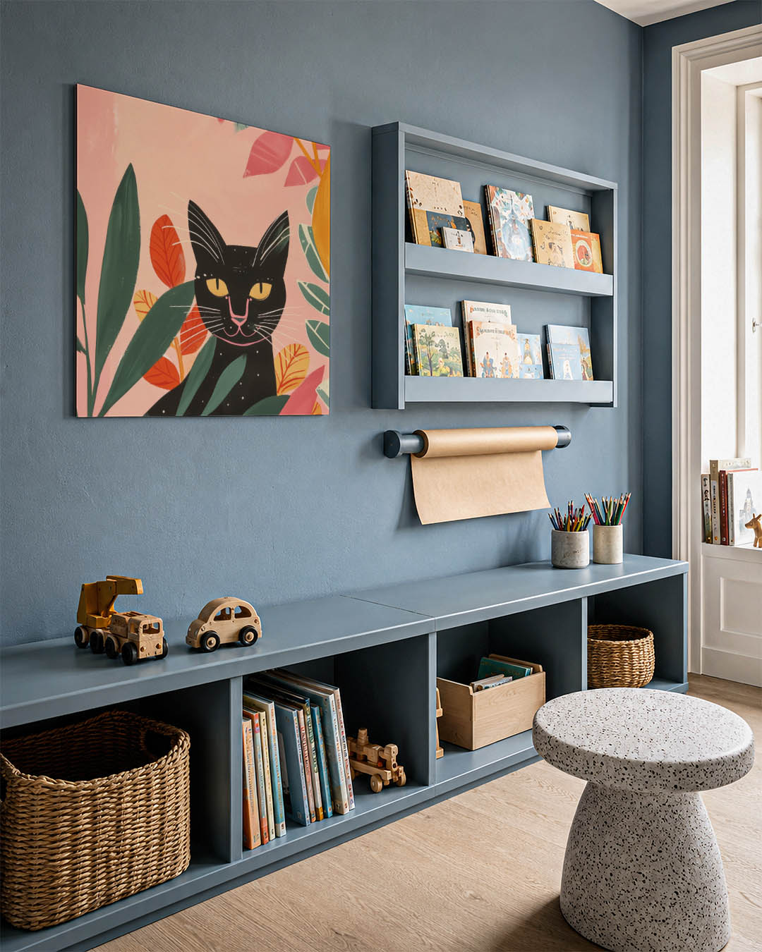 Kleurrijke kat en bladeren Kunstwerk
