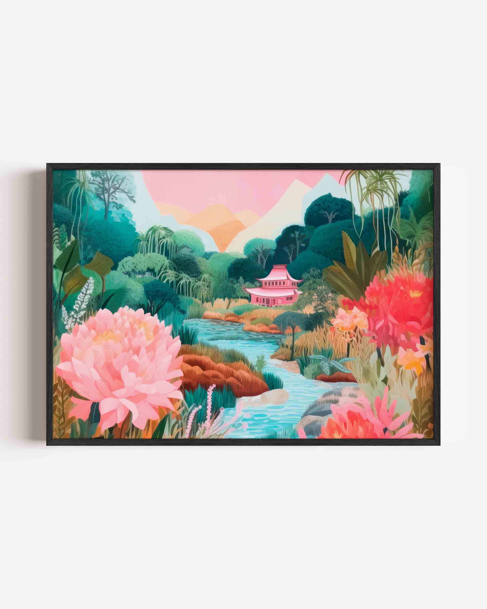 Serene landschap met tempel Poster