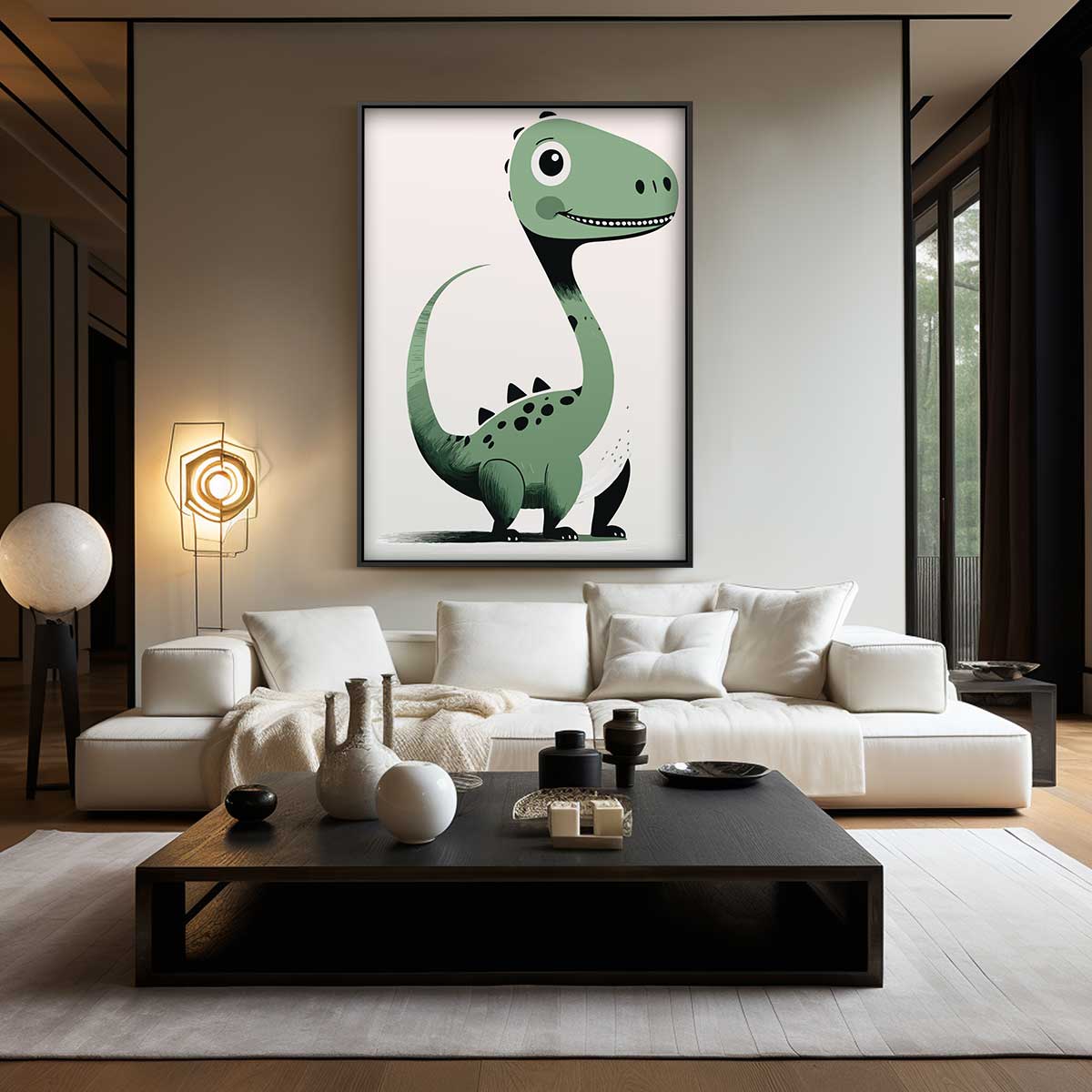 Vrolijke Groene Dino Illustratie Kunstwerk-canvas-dibond-plexiglas-wanddecoratie-WallArtistic