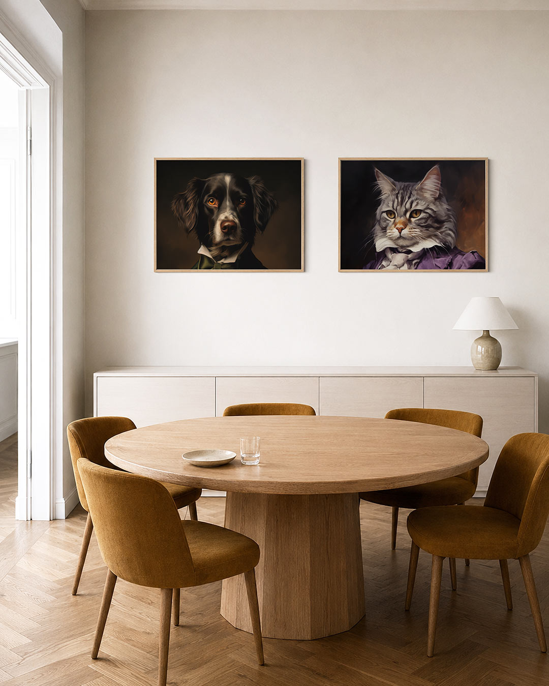 Tweedelige posterset met donkere tinten en een rustige visuele opbouw, getoond in een interieur