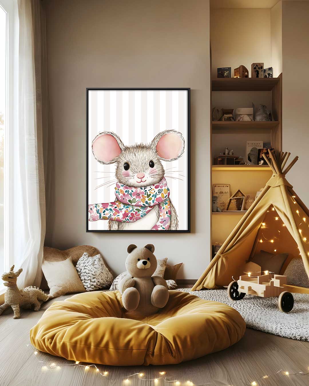 Schattige Muizenillustratie met Sjaal Kunstwerk-canvas-dibond-plexiglas-wanddecoratie-WallArtistic