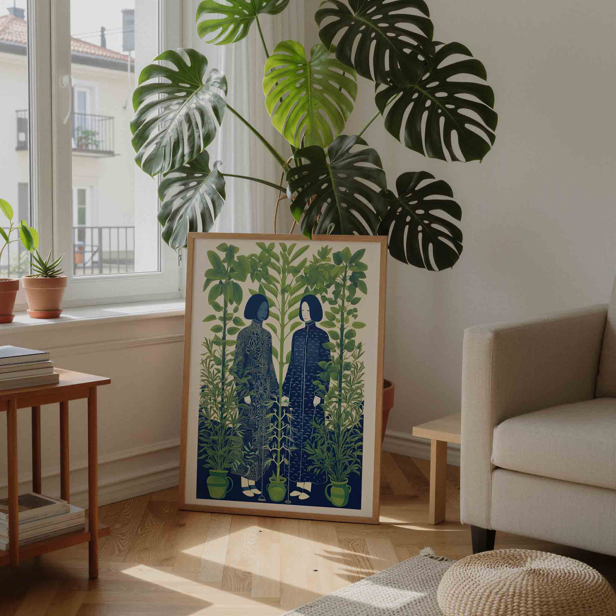 Twee figuren tussen planten Poster