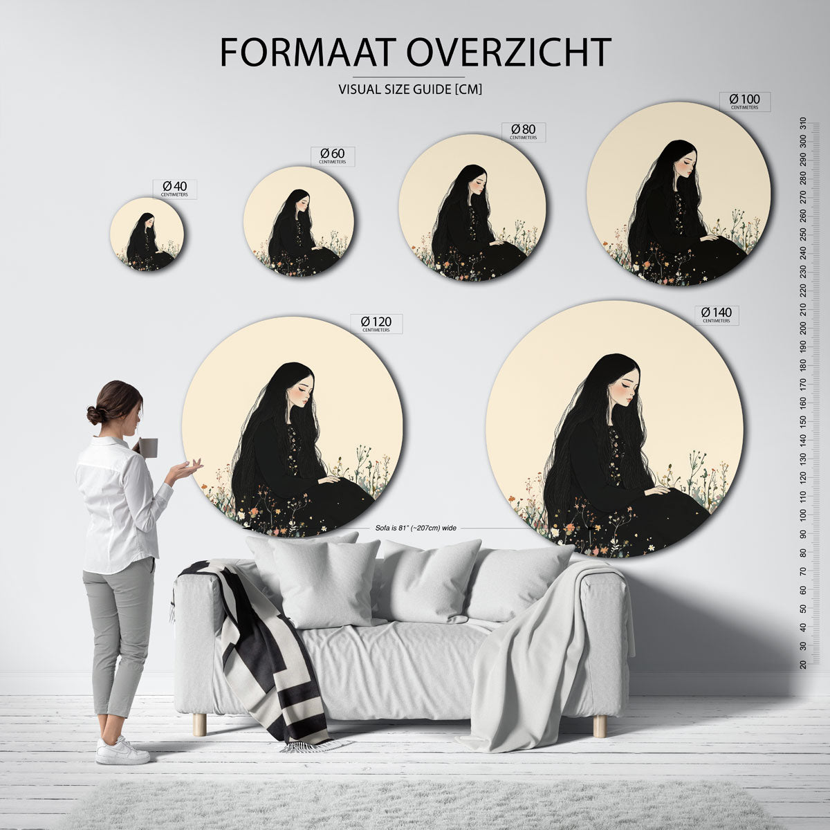 Vrouw in bloemenveld Muurcirkel