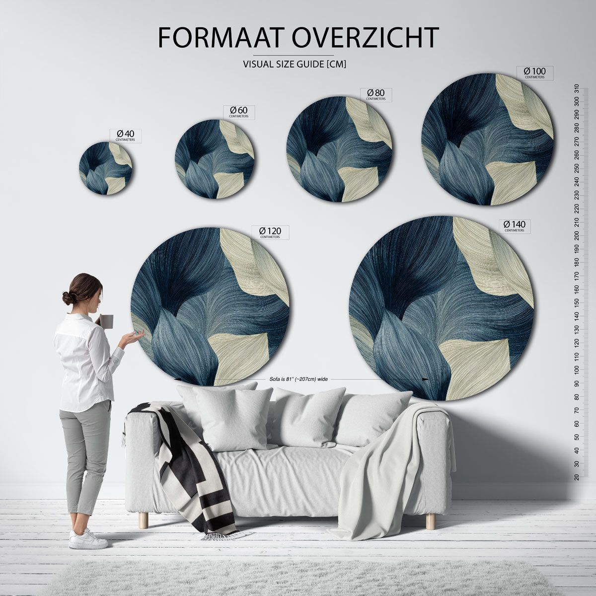 Bladmotief in blauw en beige Muurcirkel