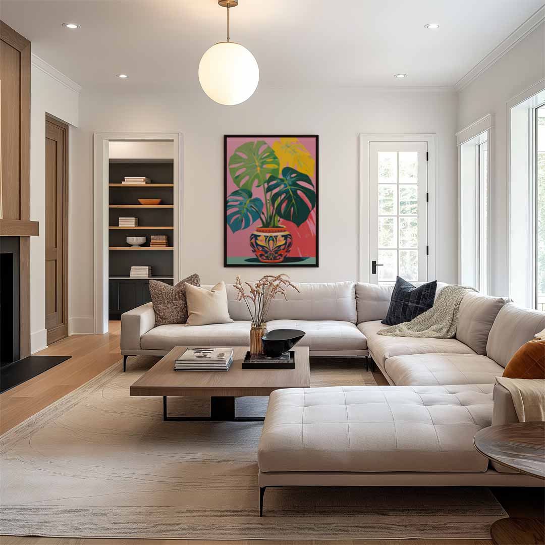 Tropische Monstera in Kleurrijke Pot Kunstwerk-canvas-dibond-plexiglas-wanddecoratie-WallArtistic