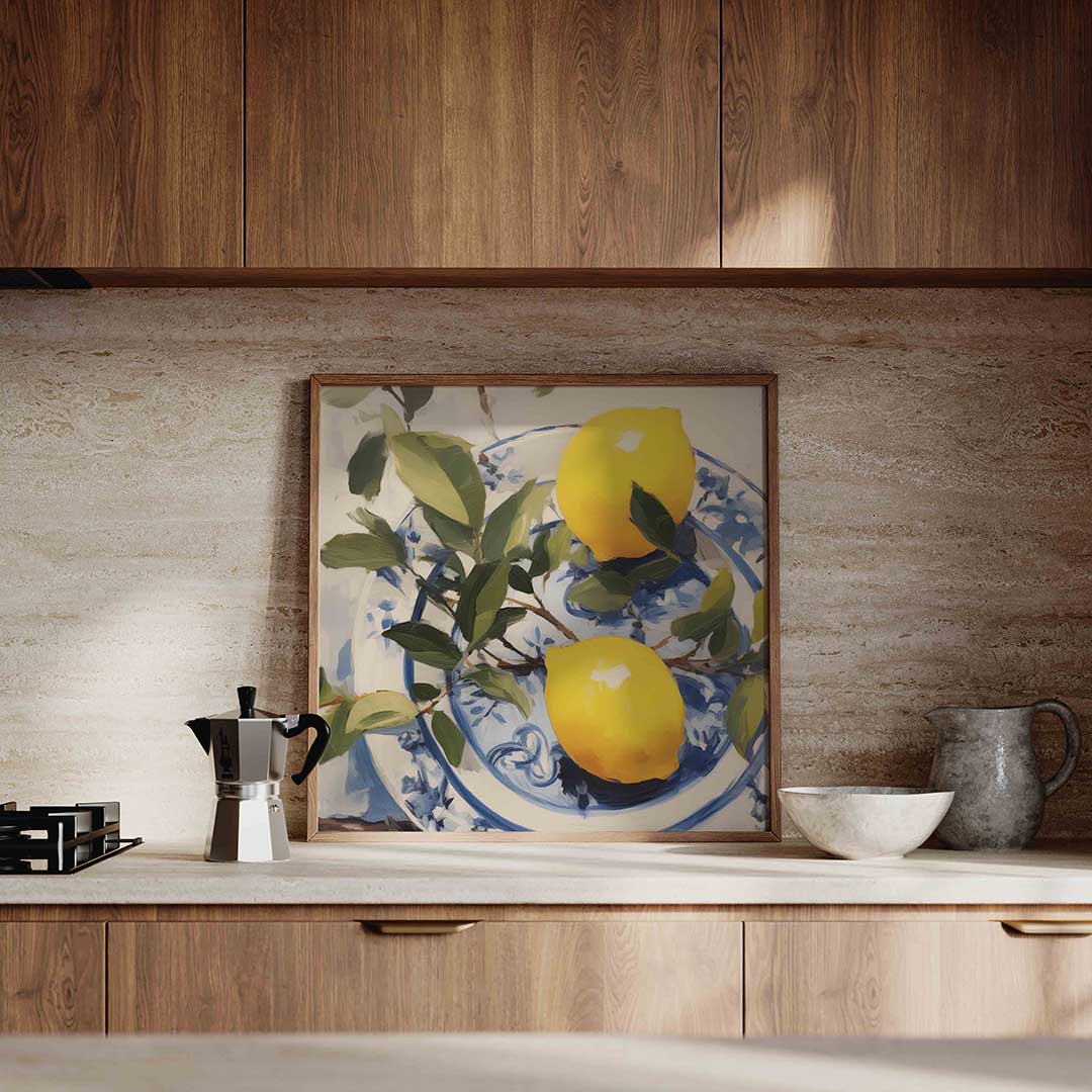 Citroenen op blauw wit bord Poster