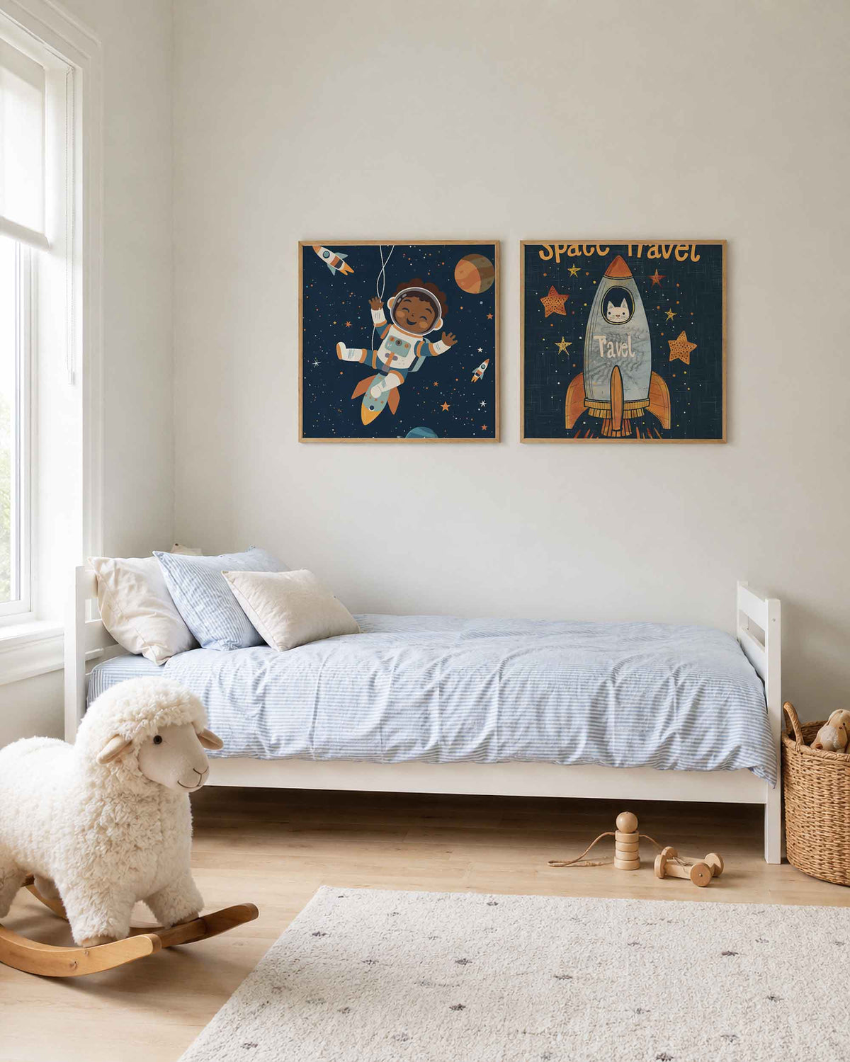 Interieurpresentatie van een tweedelige vierkante posterset met ruimtevaarder en kat