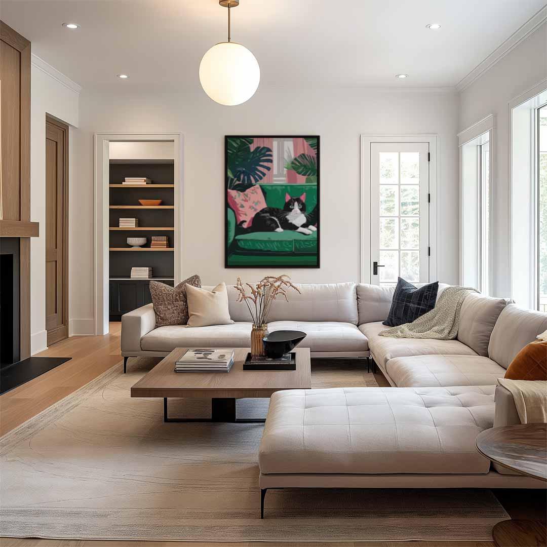 Gezellige Kat op Groene Bank Kunstwerk-canvas-dibond-plexiglas-wanddecoratie-WallArtistic