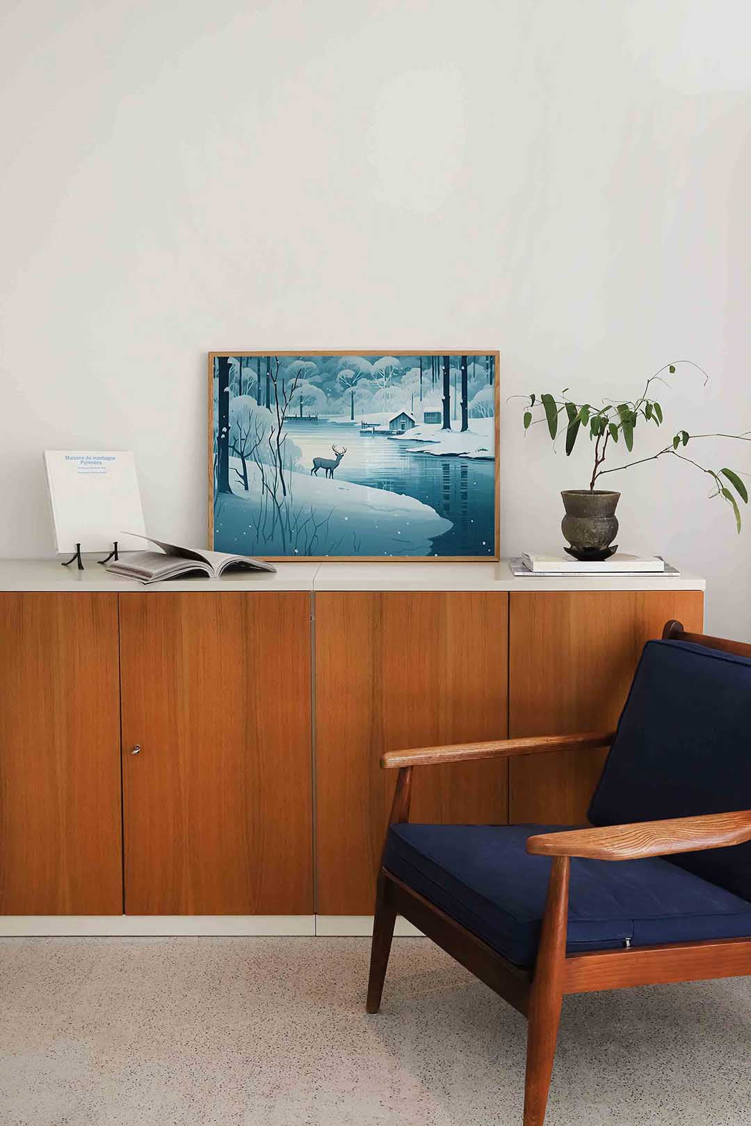 Hert bij besneeuwd meer Poster