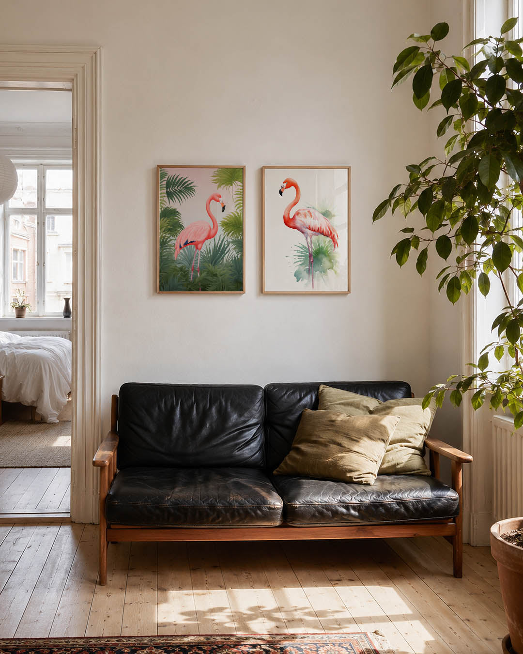 Flamingo en bladeren Posterset