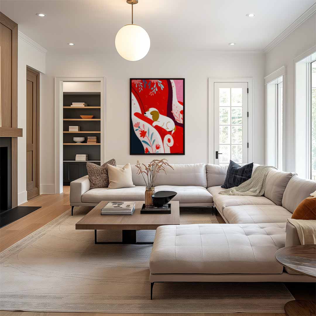 Dromerige Hond op Rode Stoel Kunstwerk-canvas-dibond-plexiglas-wanddecoratie-WallArtistic