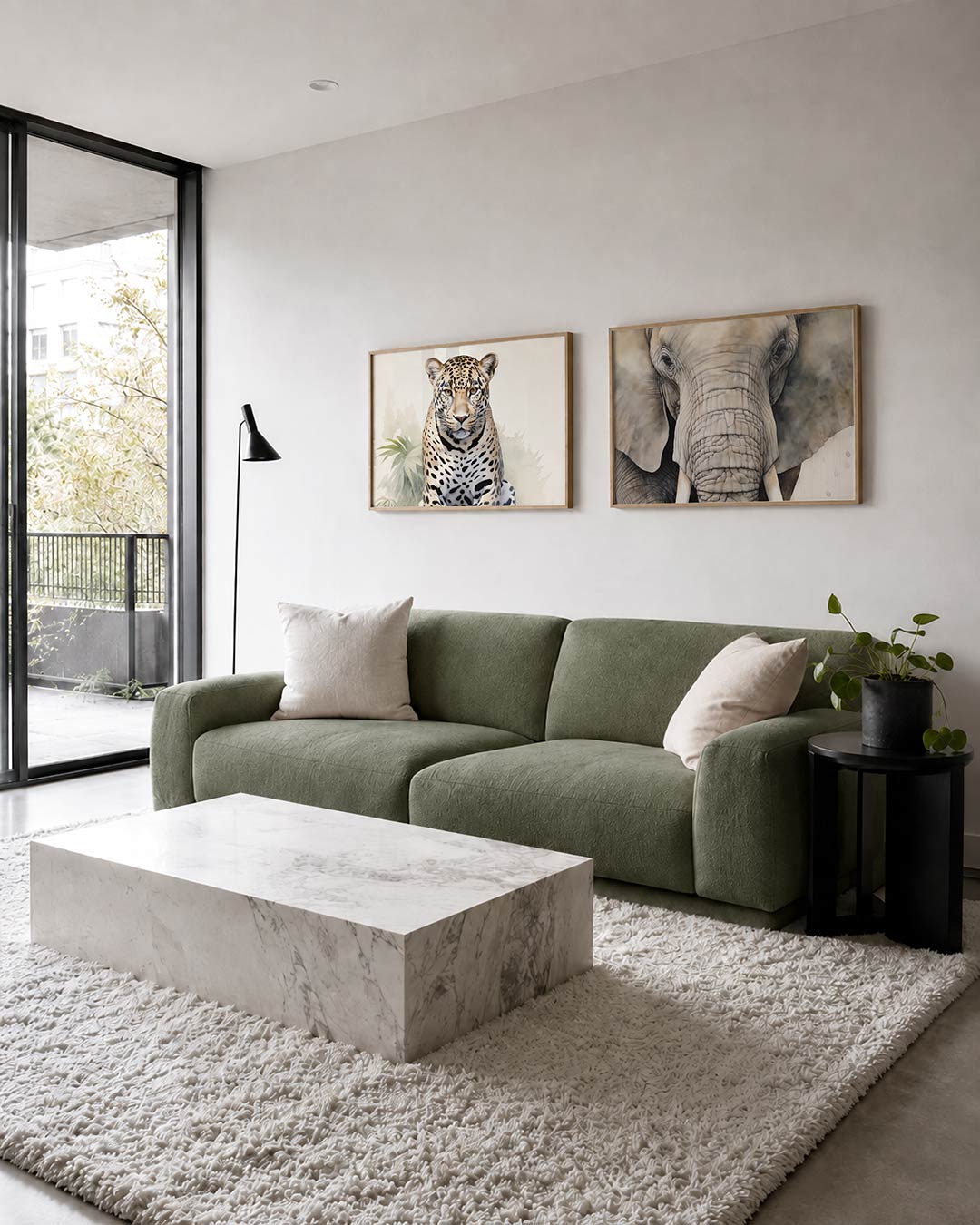 Tweedelige posterset met een luipaard op een lichte achtergrond met groene bladeren, getoond in een interieur