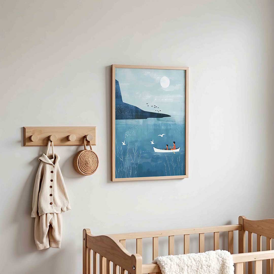 Roeiboot op blauwe zee Poster