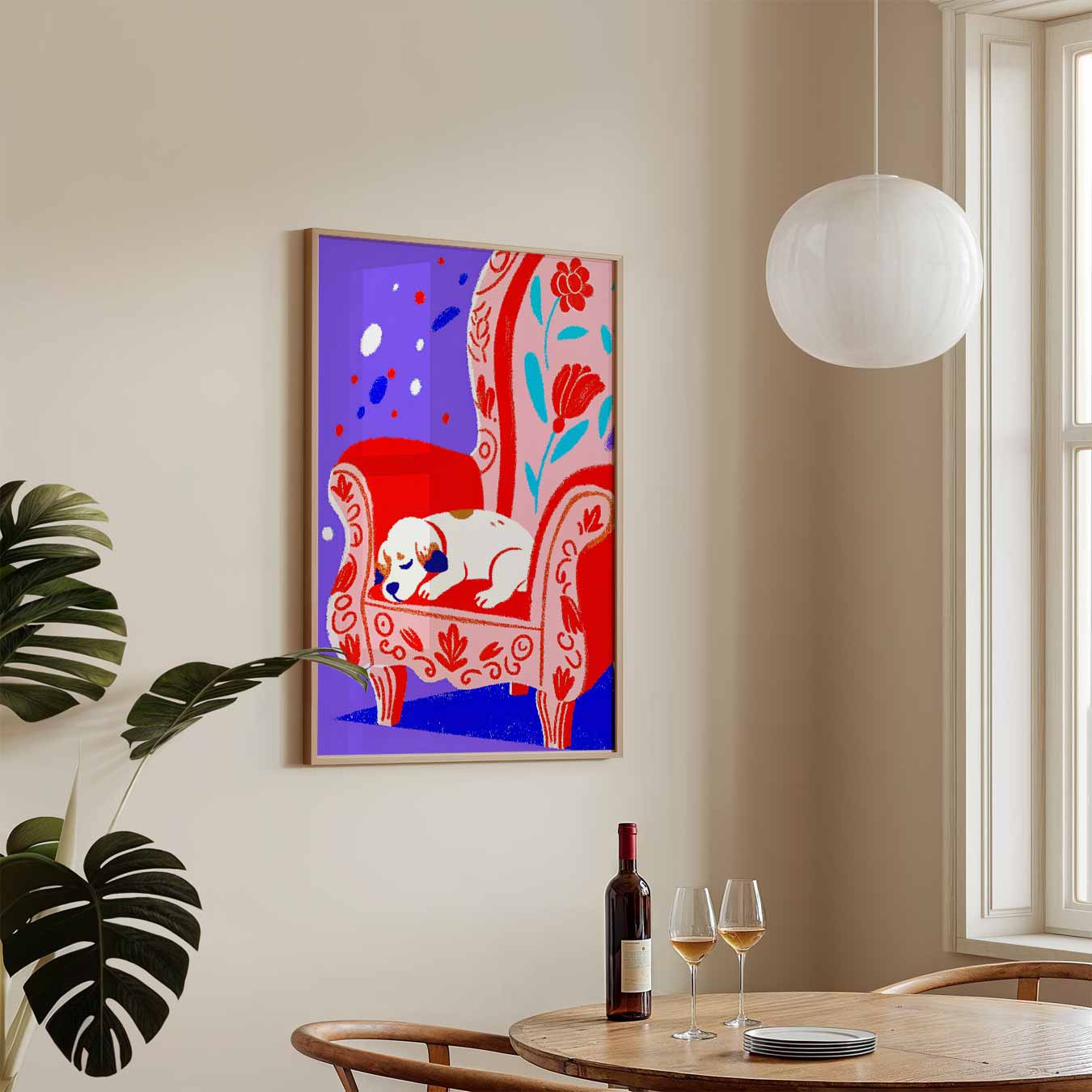 Dromerige Puppy op Bloemrijke Fauteuil Poster-WallArtistic